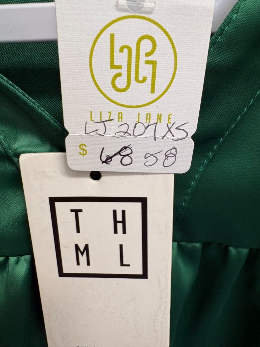 THML Green Satin Puff-Sleeve Ruffle Neck Blouse XS NWT - Picture 4 of 4